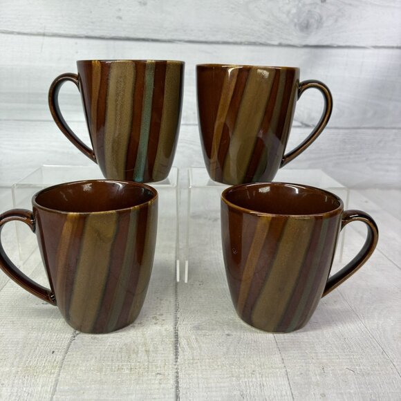 Sango AVANTI BROWN 4722 Stripes On Sand Stoneware 12oz Coffee Cups Mugs Set of 4 - Picture 2 of 15